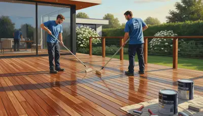 Dallas Paint Pros sealing a wooden deck in Dallas, TX for weather protection and curb appeal