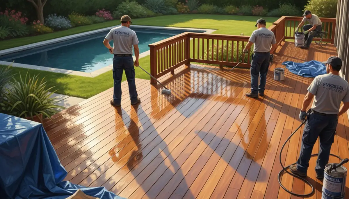 Dallas Paint Pros sealing a deck in Dallas, TX for weather protection and long-lasting durability