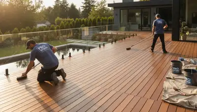 Dallas Paint Pros staining a wooden deck in Dallas, TX for weather protection and curb appeal
