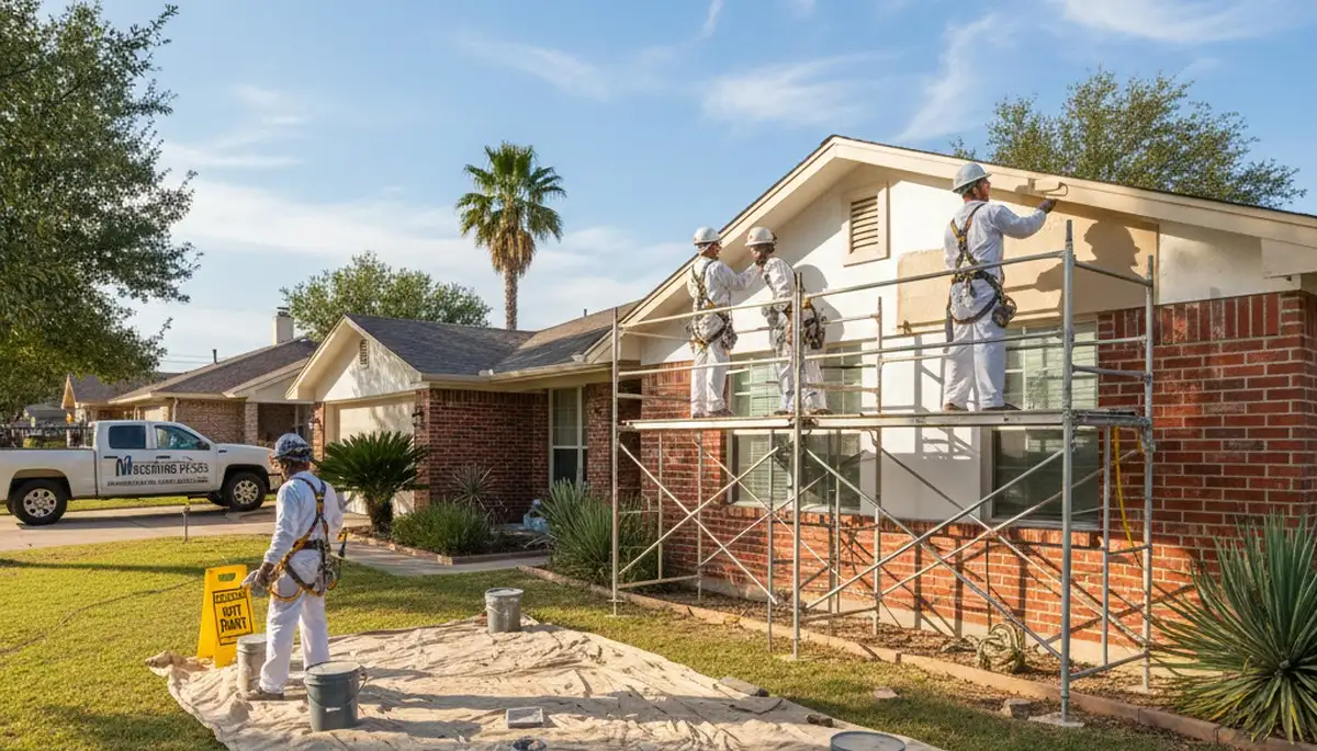 Dallas, TX painting service crew preparing a home exterior for professional repainting